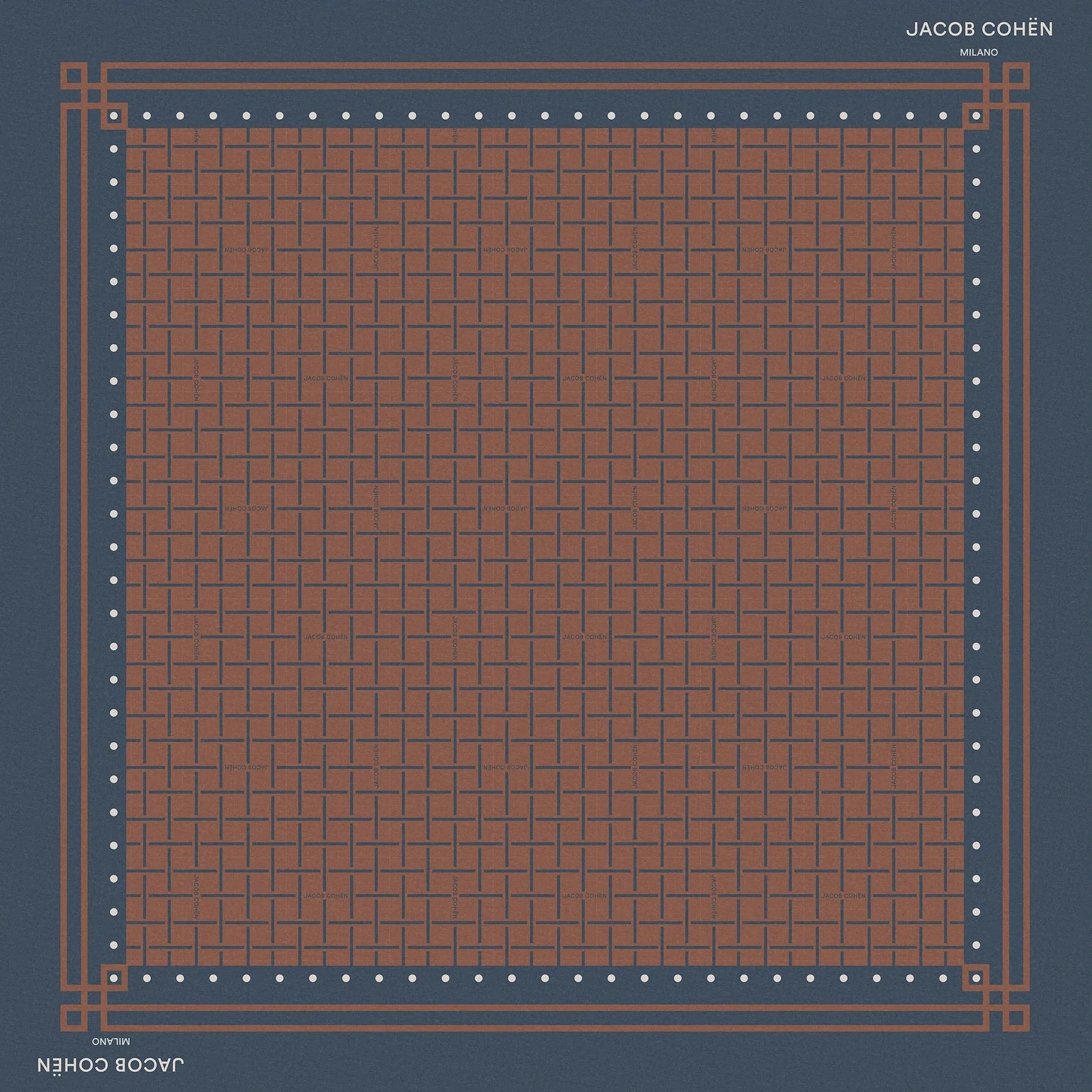 A square scarf by Jacob Cohen, featuring a brown and rust grid pattern with a navy blue border and geometric corner details, shown flat against a light beige background.
