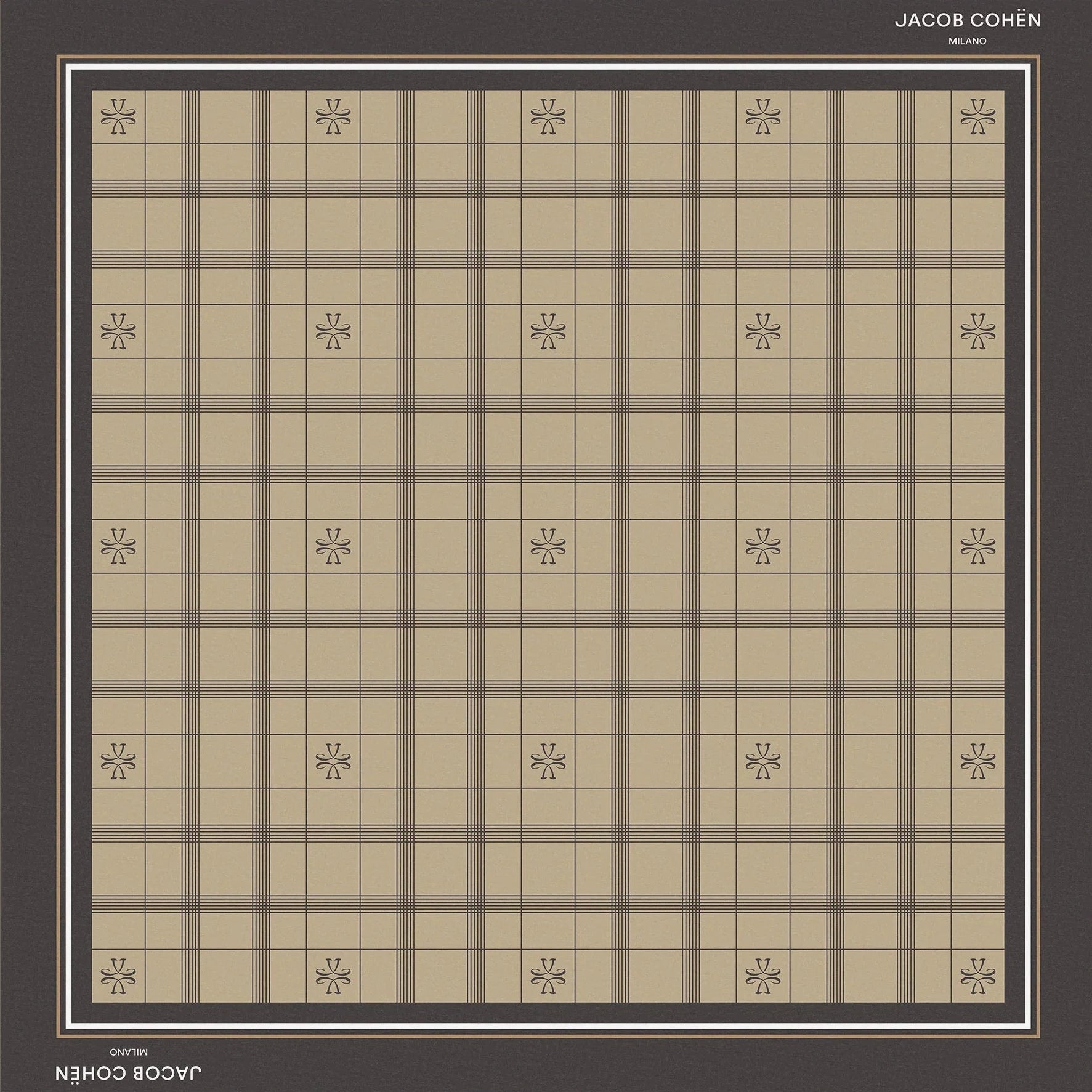 A square scarf featuring a beige and brown plaid pattern with small floral motifs at the intersections, framed by a dark gray border with 'JACOB COHEN' printed at the top and bottom.