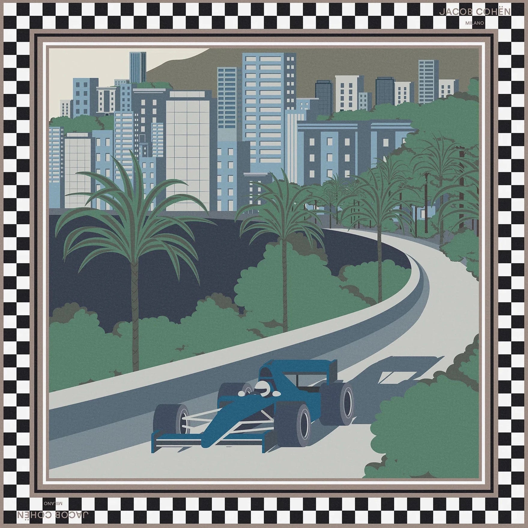 Framed artwork of a race car on a track with palm trees and buildings in the background.
