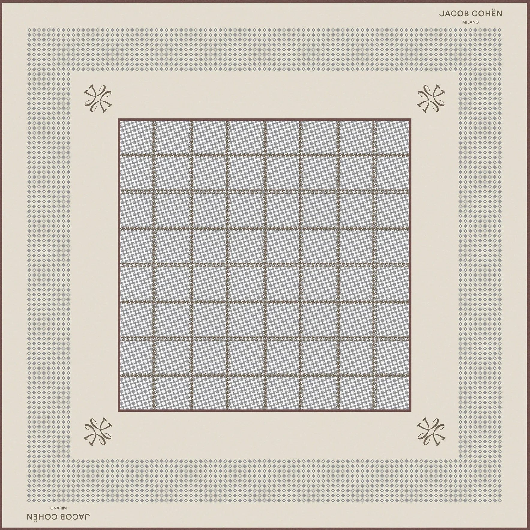 A square bandana Jacob Cohën . The scarf has a cream center with a gray grid pattern, surrounded by a thin brown border and a wider patterned border in beige, brown, and gray.