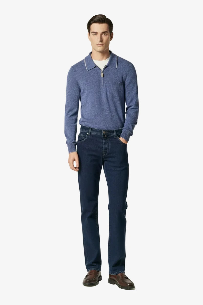 Long-Sleeve Polo in Slate Blue Cashmere with Contrasting Trims
