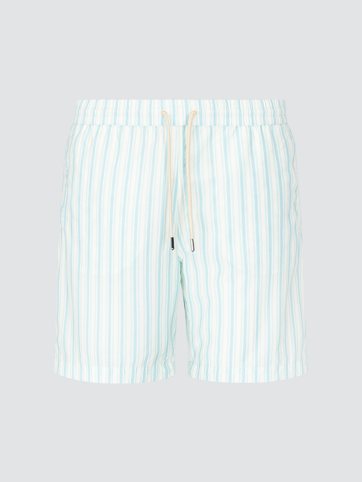 Striped swim shorts on a light gray background