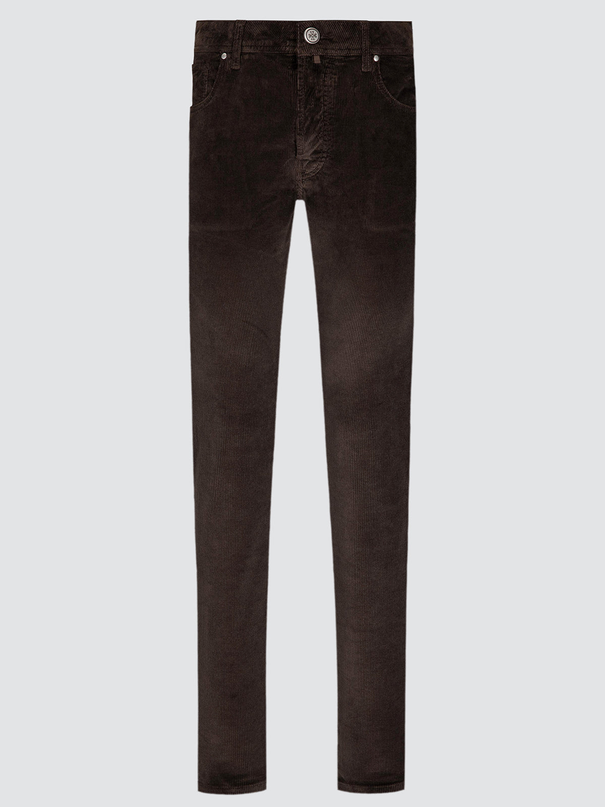 Dark brown corduroy slim-fit jeans shown flat against a light gray background.
