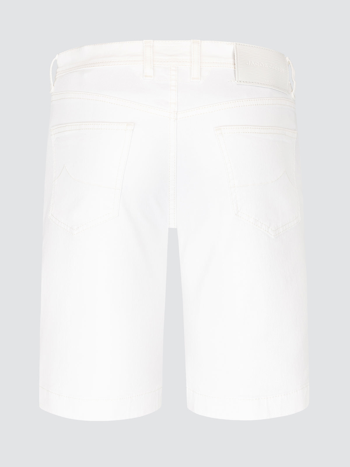 White short denim back view  on a light gray background