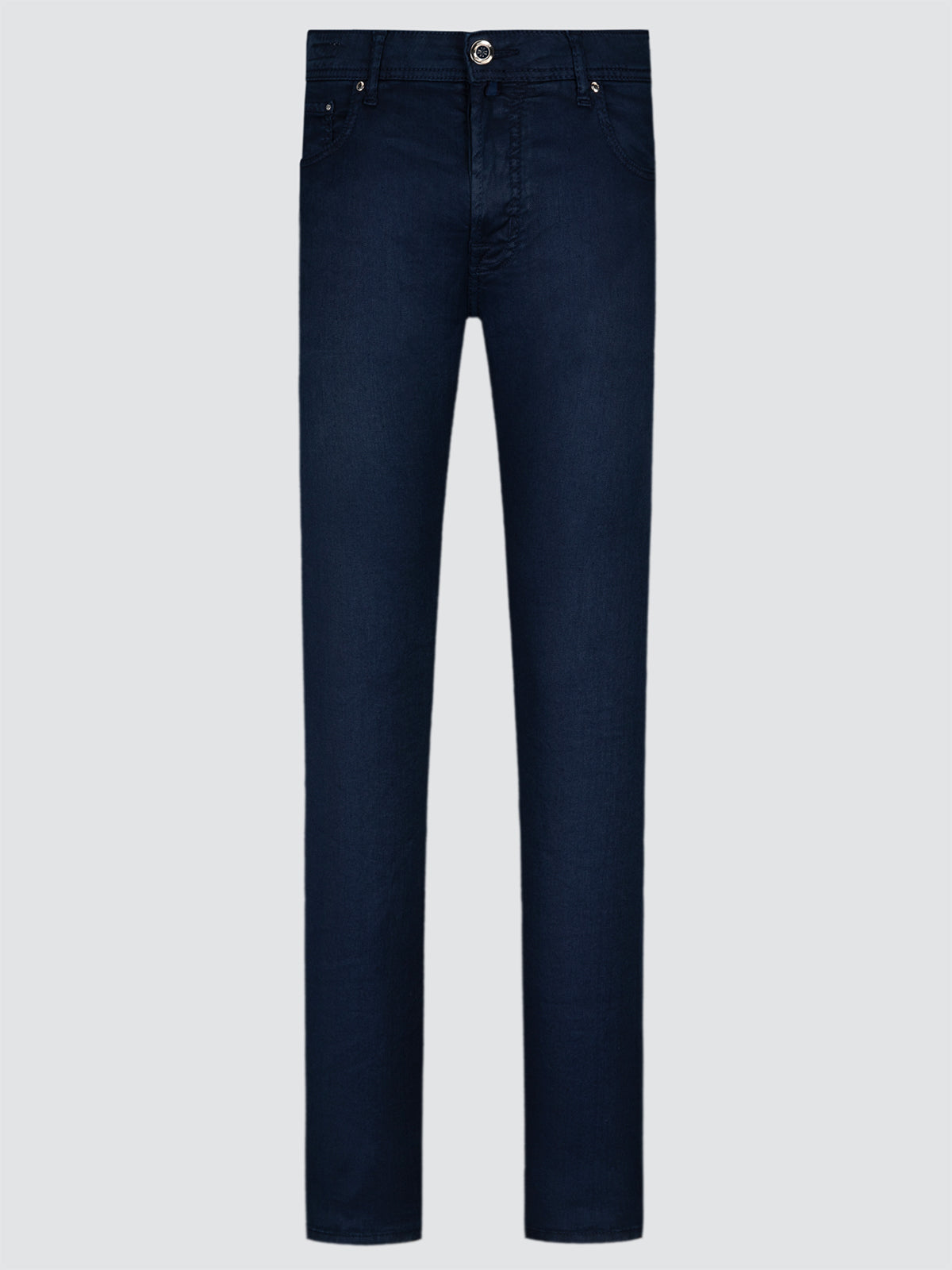Dark blue linen 5 pockets pants on a light gray background by Jacob Cohën