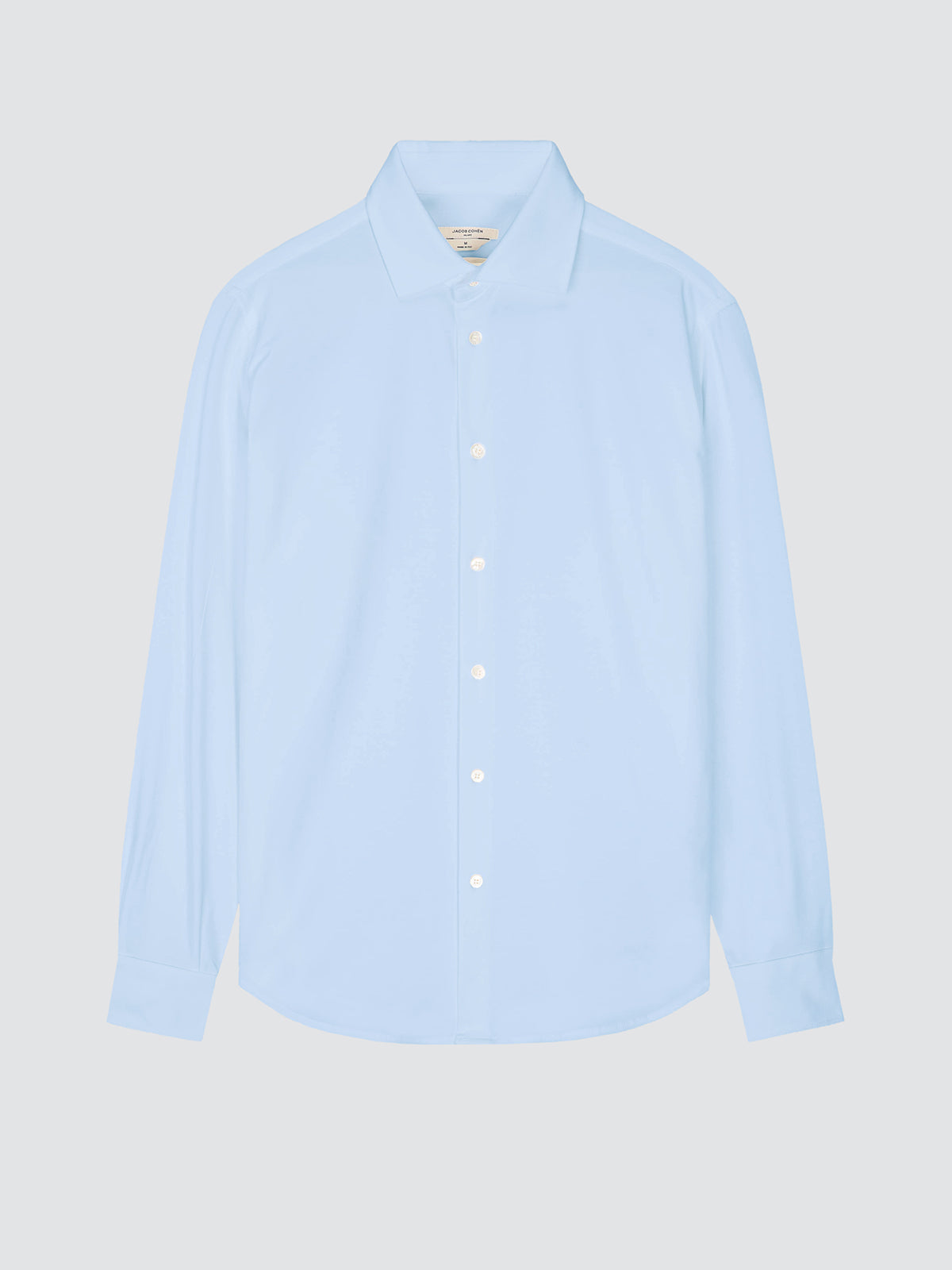 A light blue long-sleeve button-down shirt with a pointed collar and white buttons, displayed flat against a light gray background.