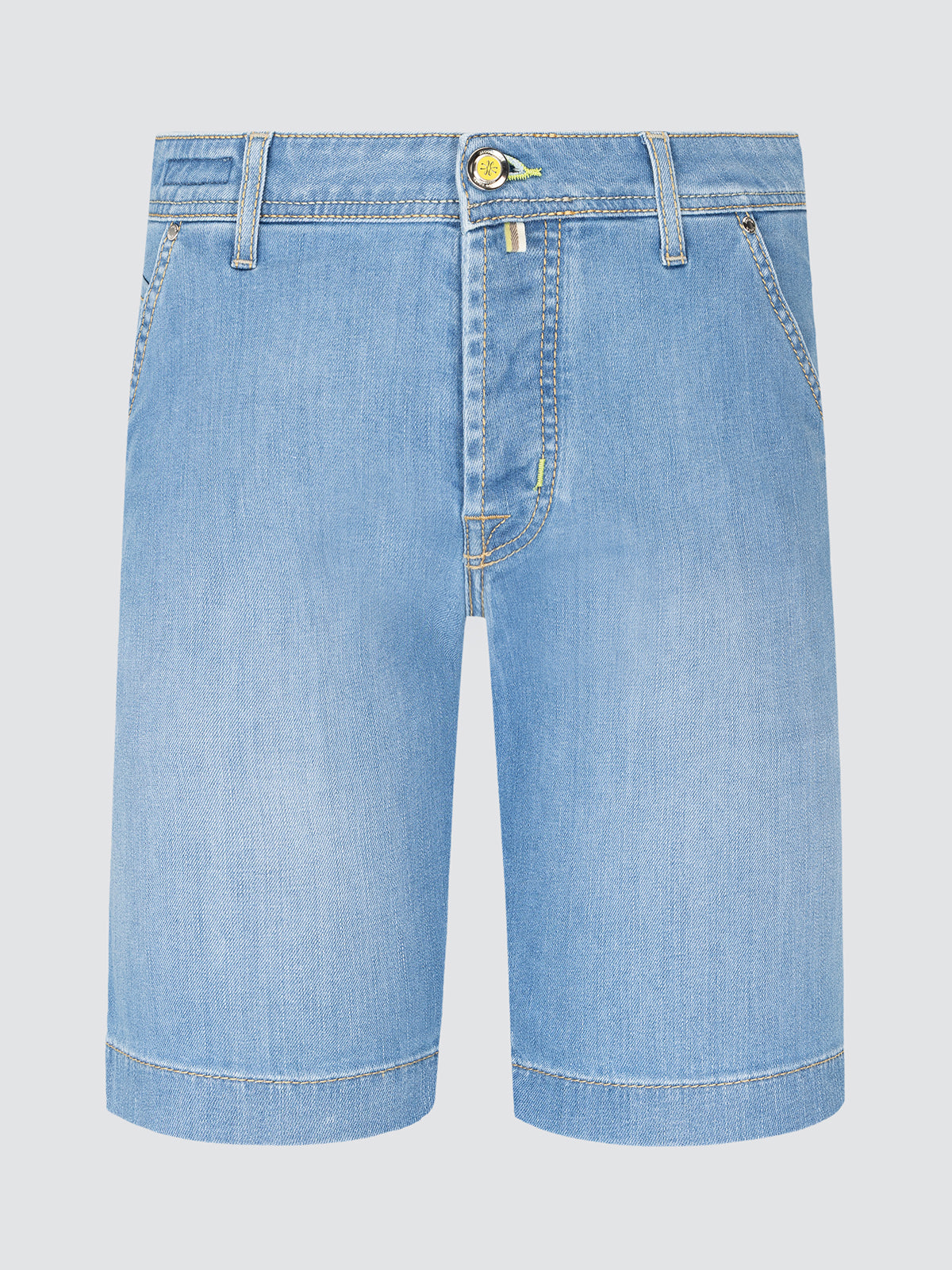 Light blue denim shorts on a light gray background