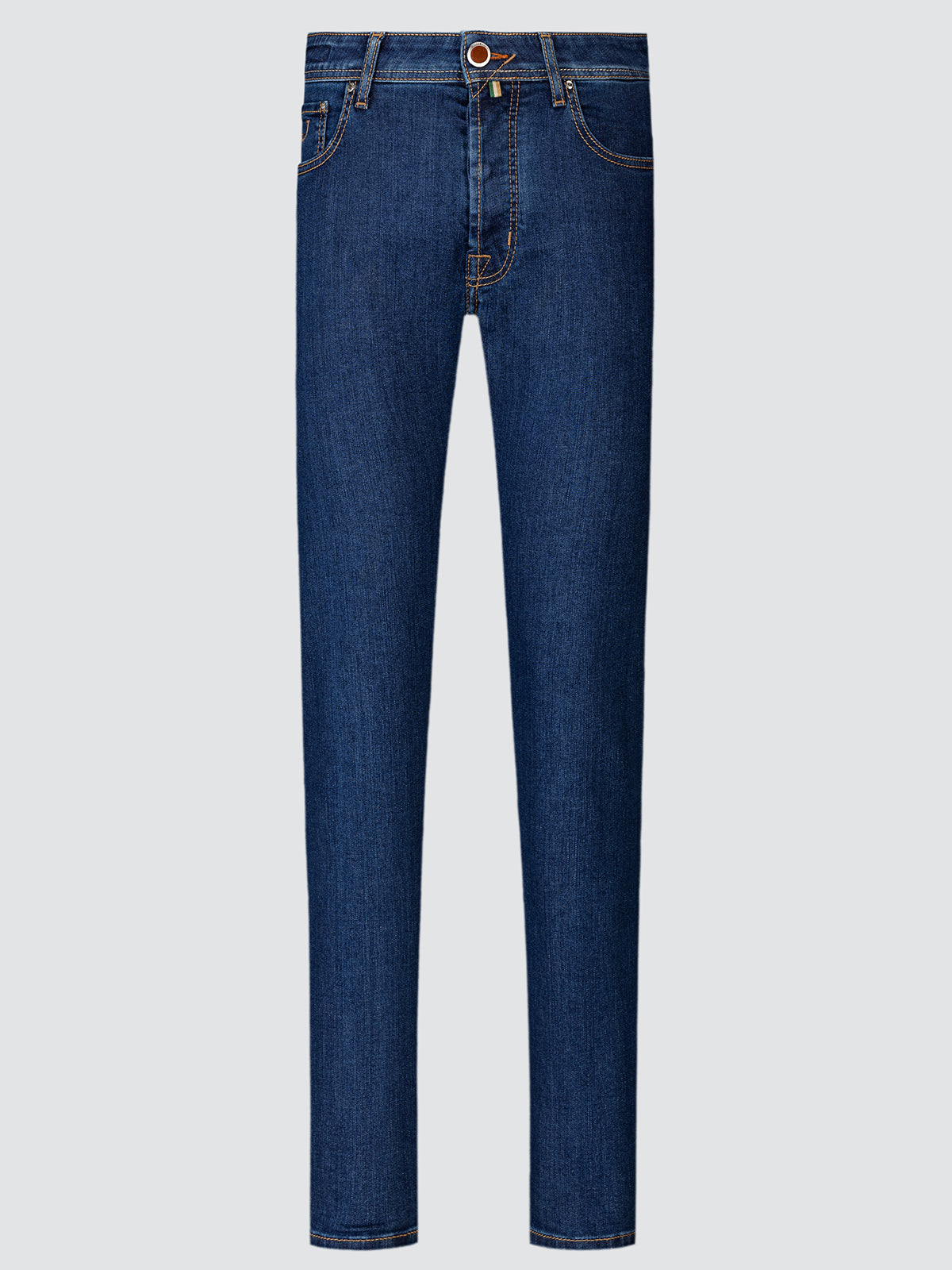 Pair of blue jeans on a light gray background