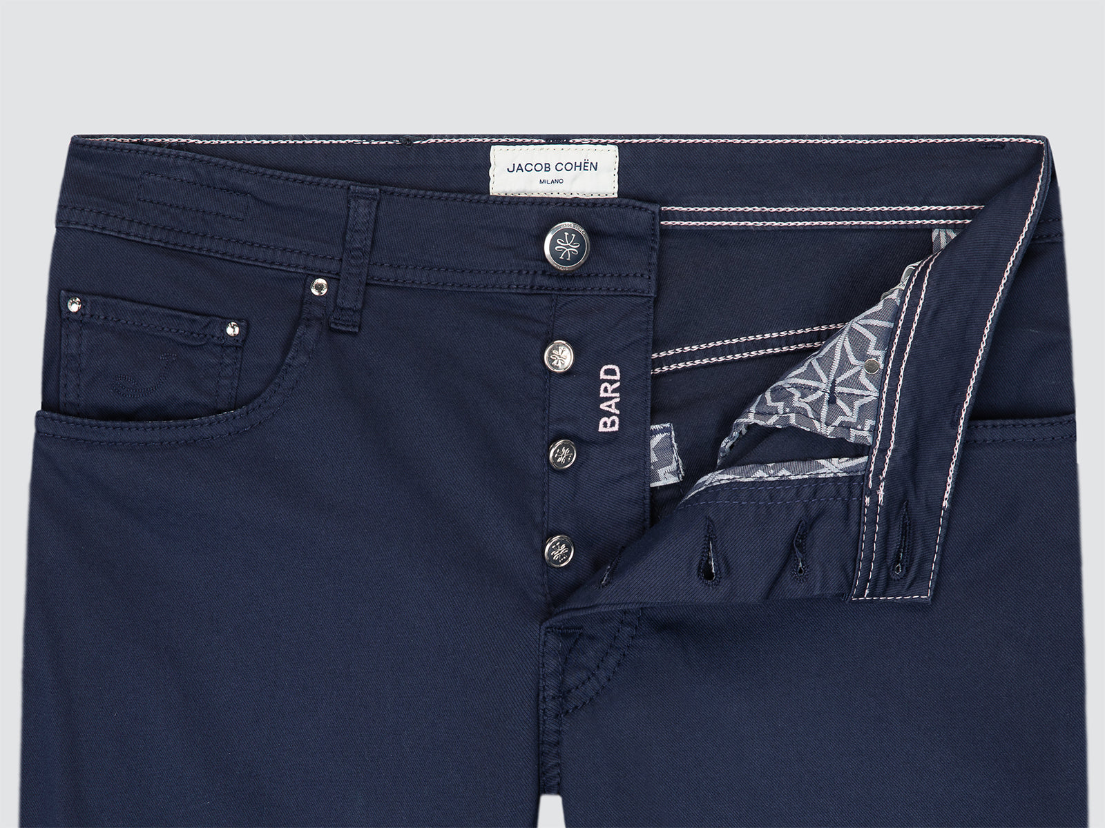 Dark blue pants Jacob Cohen bard with visible branding on a light gray background
