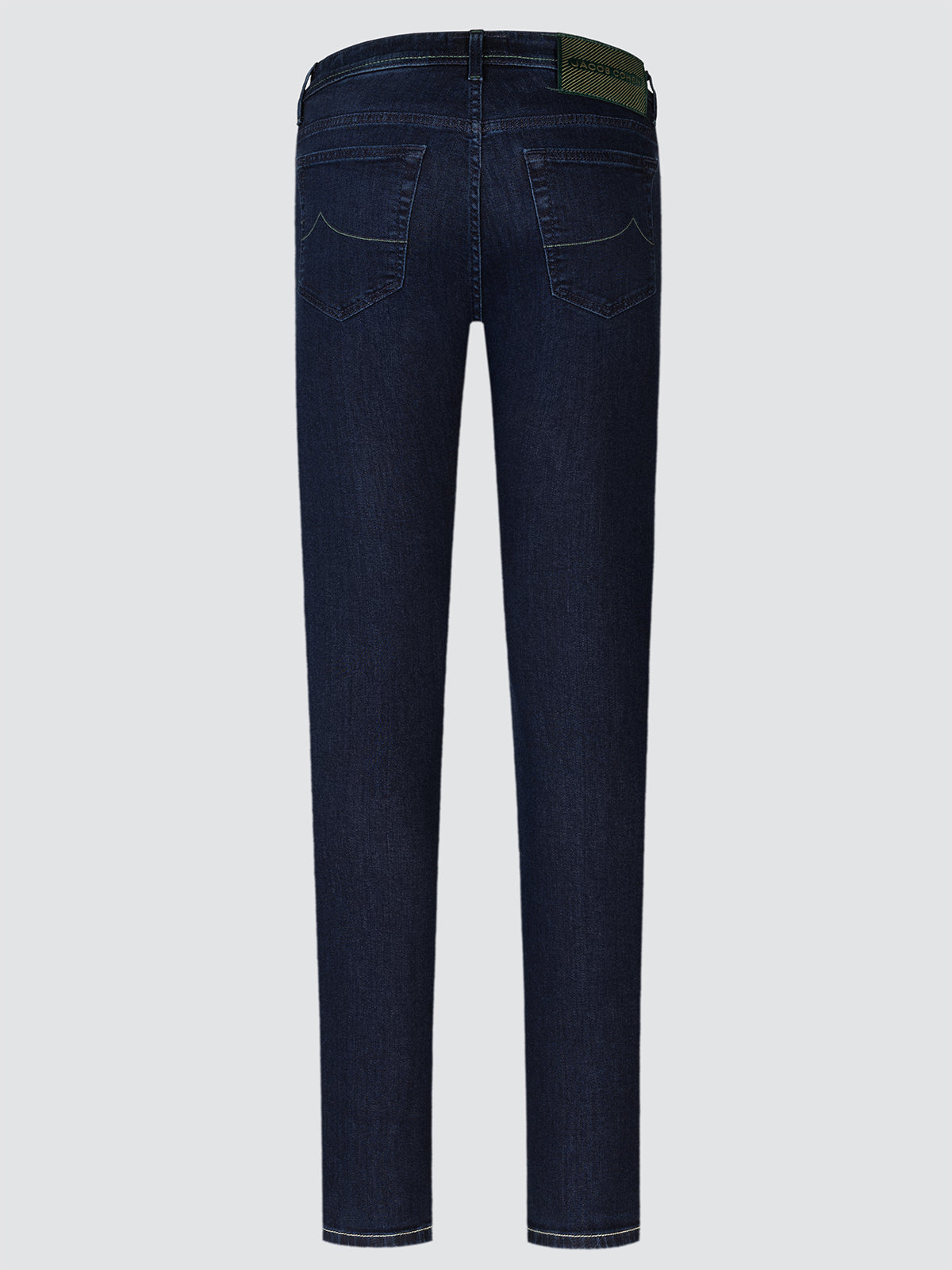 Dark blue jeans on a light gray background back view