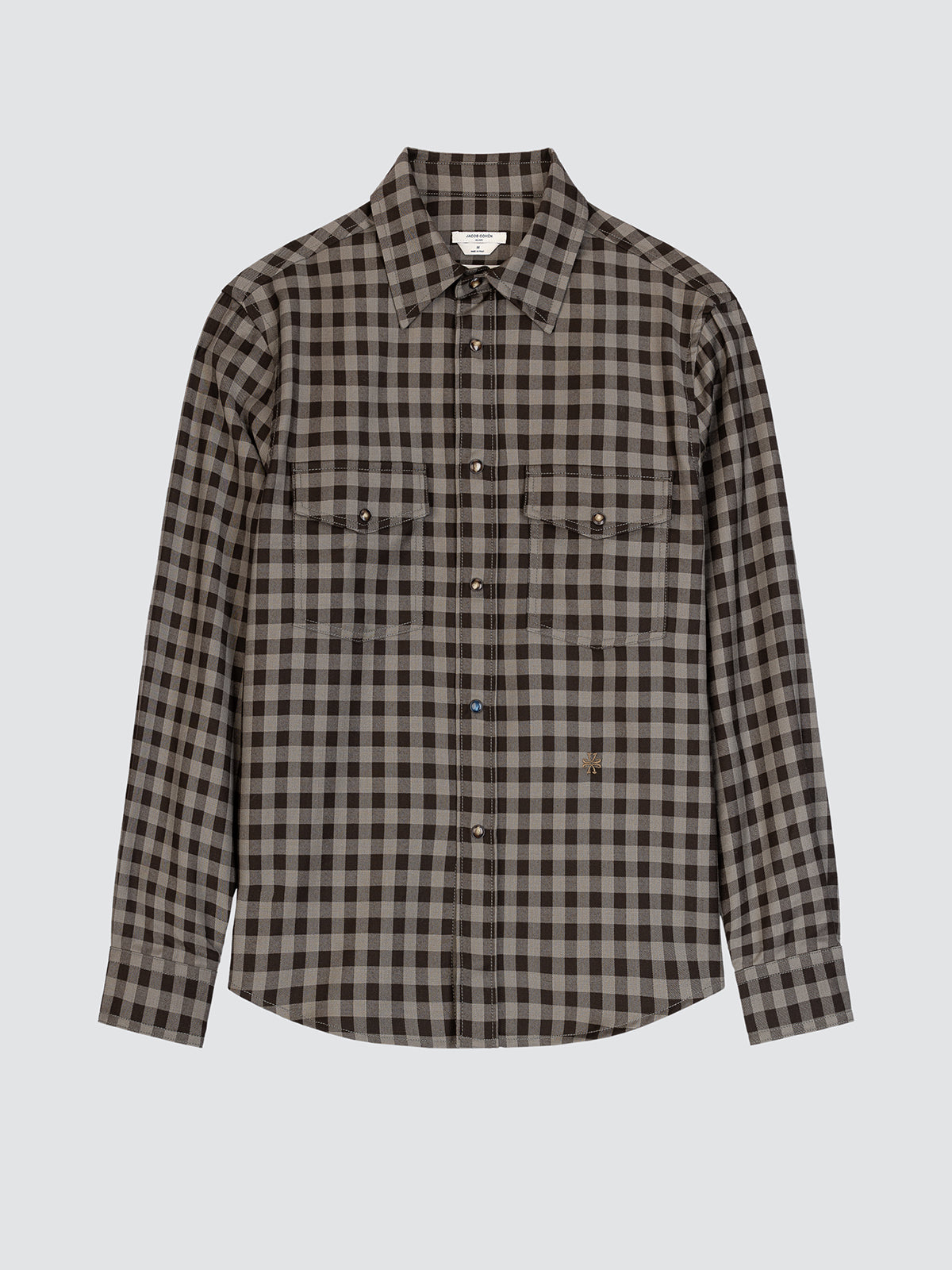 Plaid shirt with a pattern of brown and gray on a light gray background