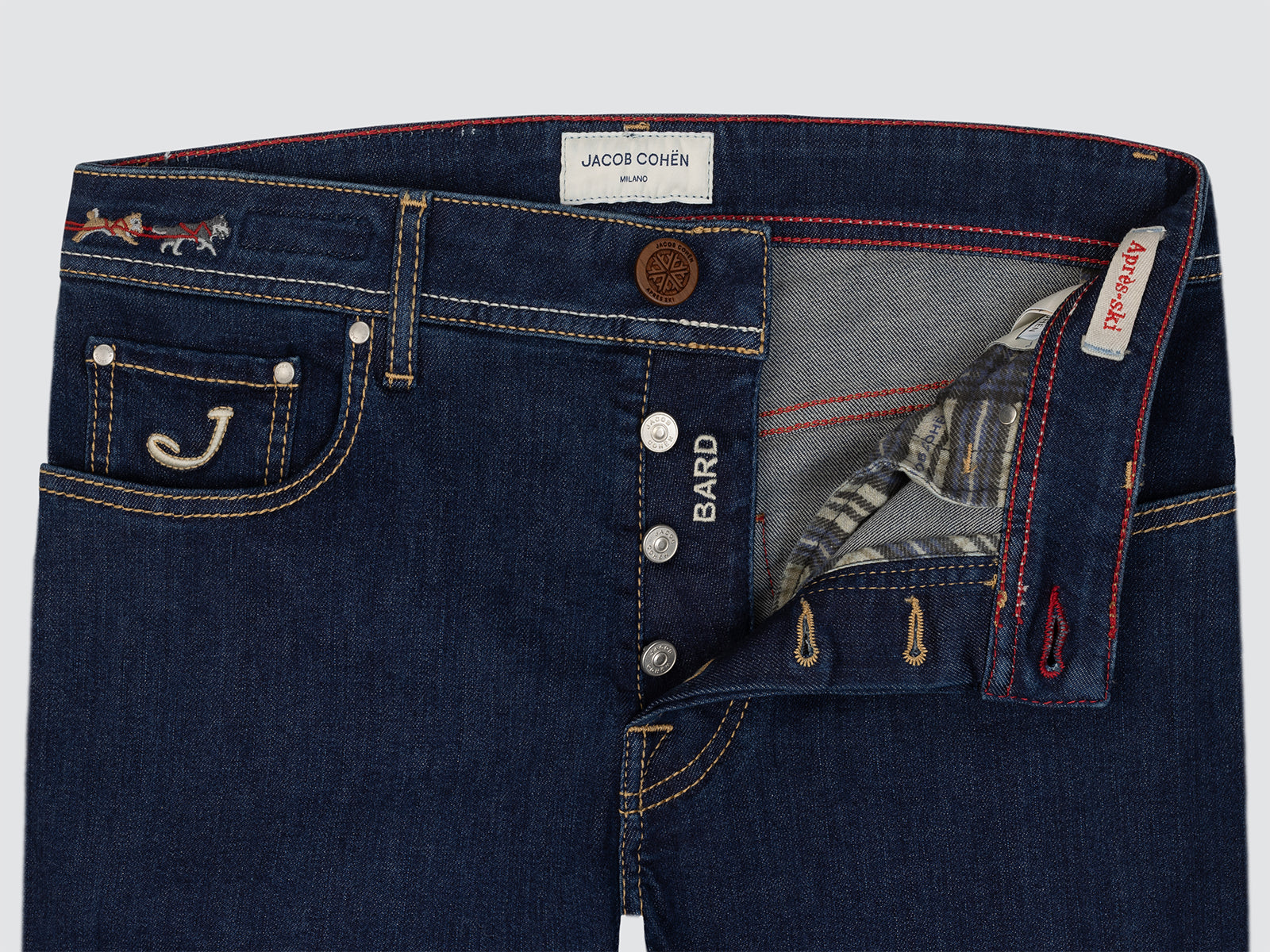 Close-up of dark blue jeans Jacob Cohen with visible branding on a light gray background