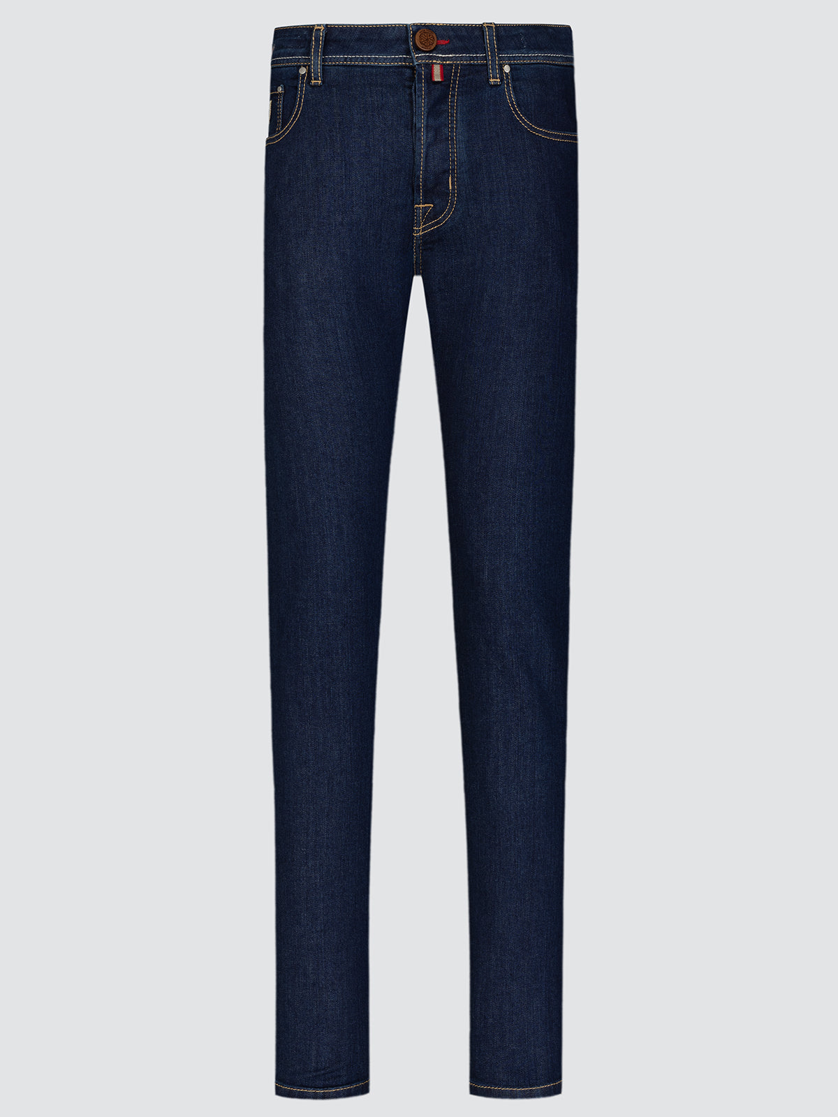 Dark blue jeans on a light gray background