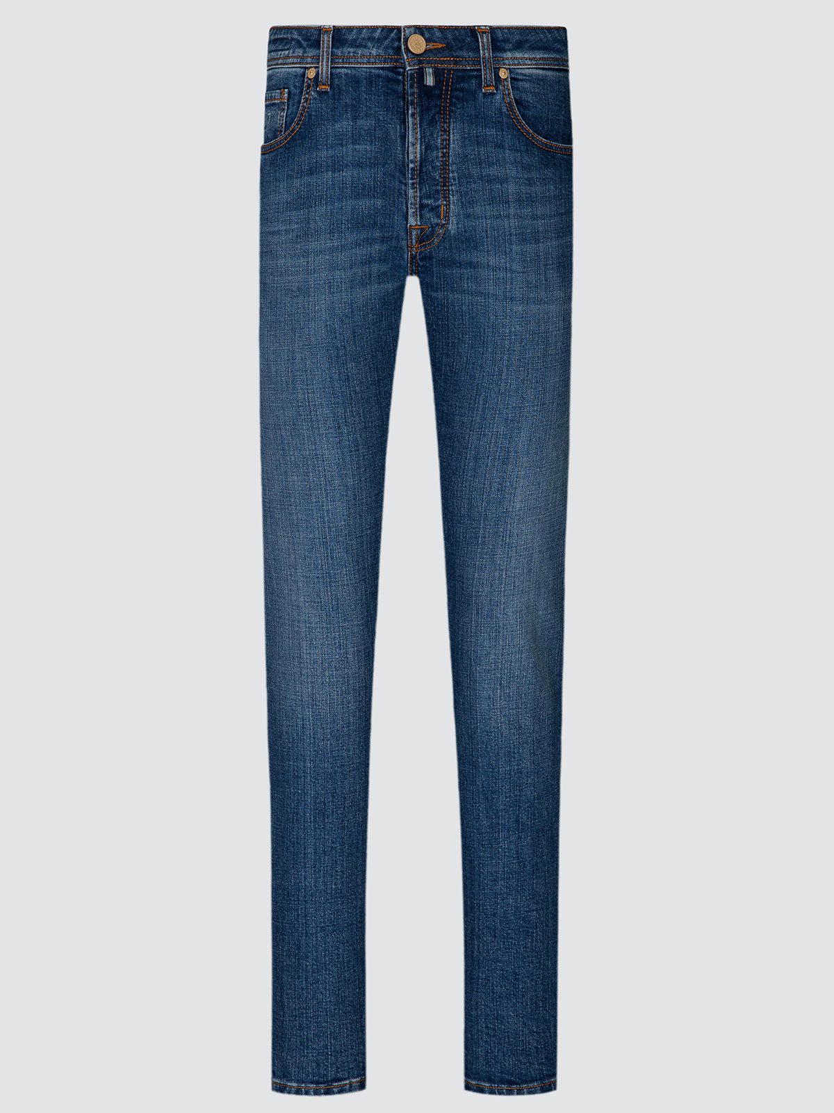A pair of medium-wash blue denim jeans shown flat against a light gray background.