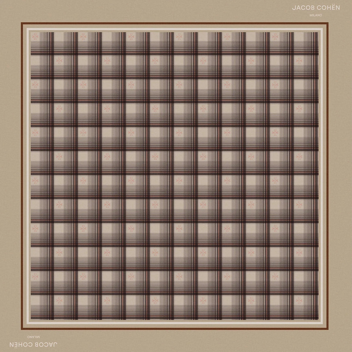 A square scarf with a brown and beige checkered grid pattern, framed by a tan border with 'JACOB COHEN' printed at the top right and 'KHINGO BOWS' at the bottom left, shown on a light beige background.