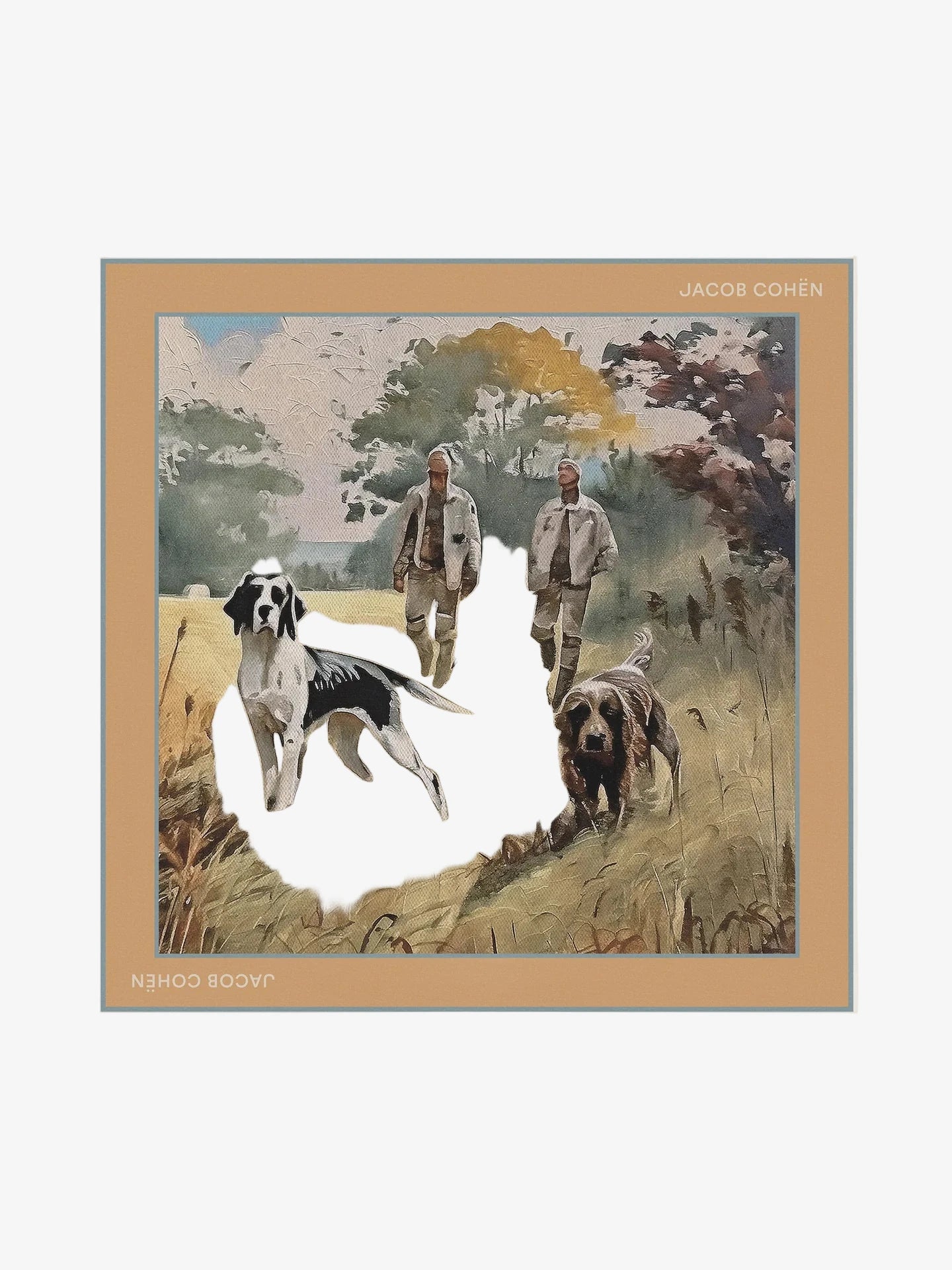 Framed artwork bandana of two men with dogs in a field, featuring the brand 'Jacob Cohen'.