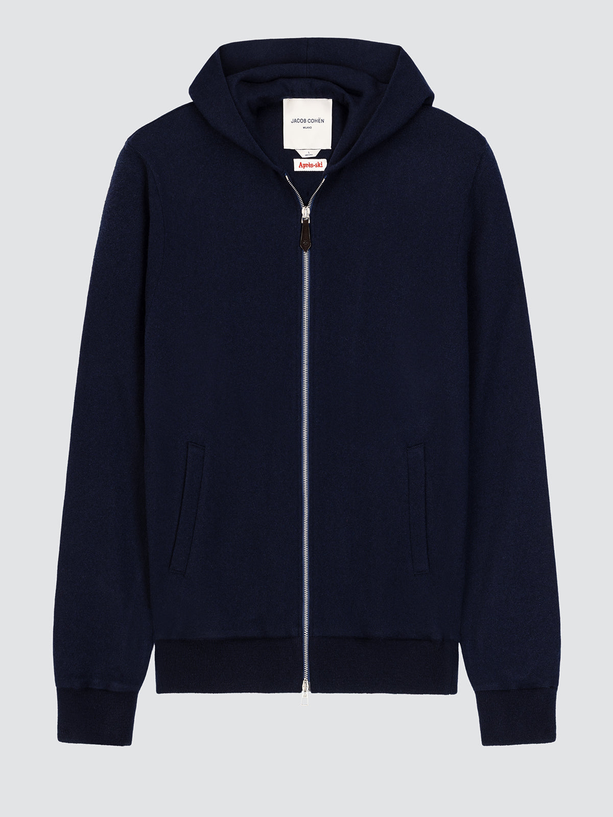 Navy blue hoodie Cashmere with a brand label Jacob Cohen Apres ski on a light gray background