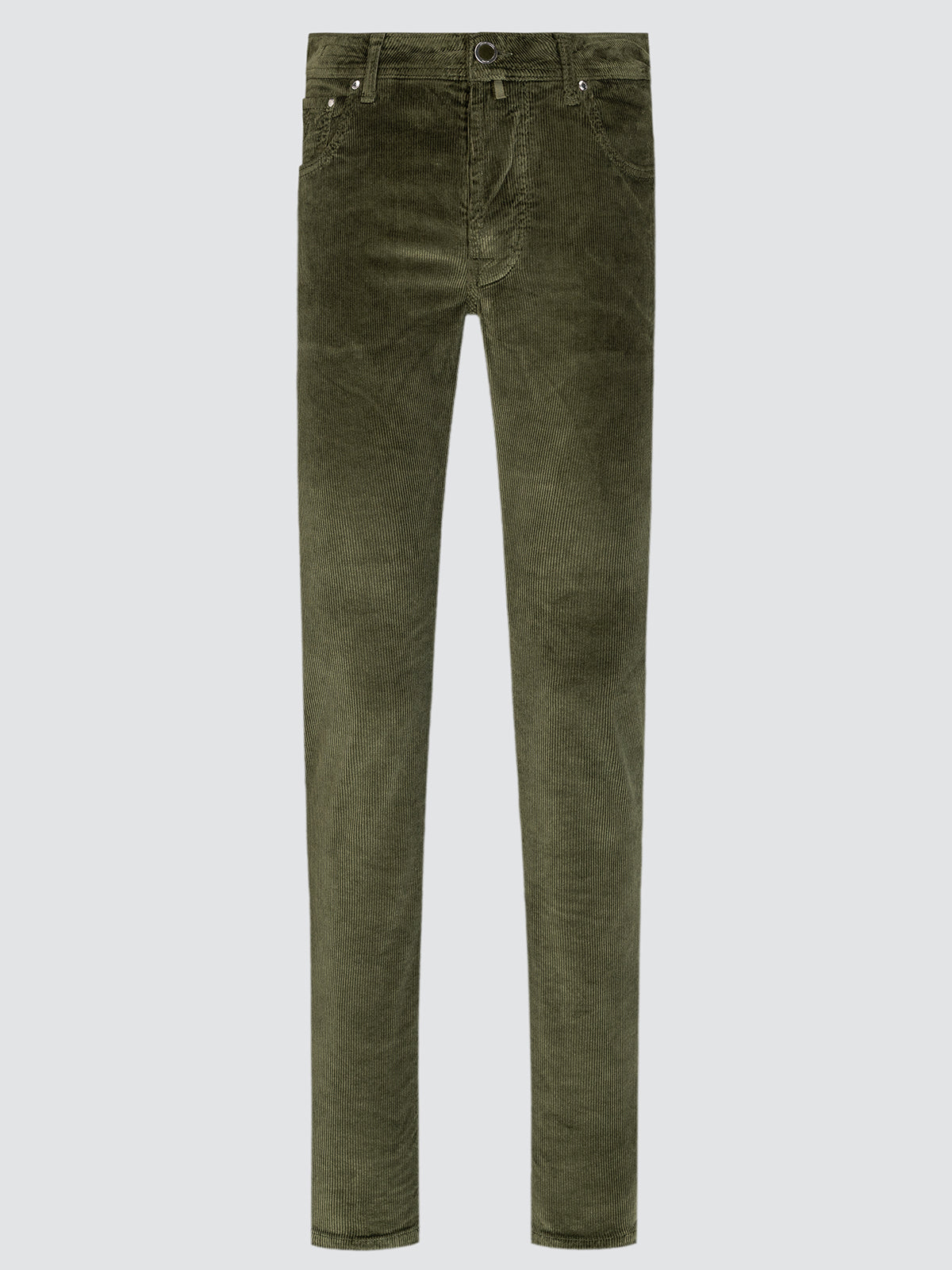 Green jeans cord on a light gray background