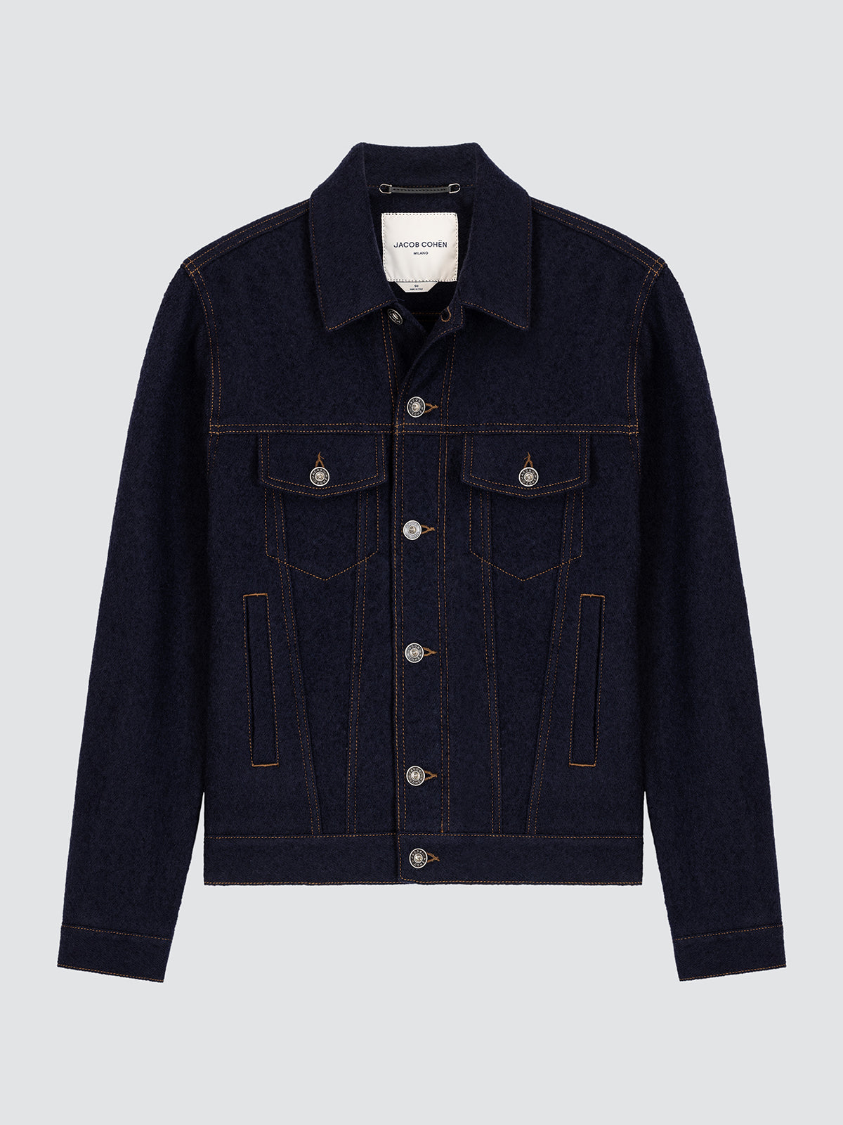 Dark blue wool trucker jacket on a light gray background