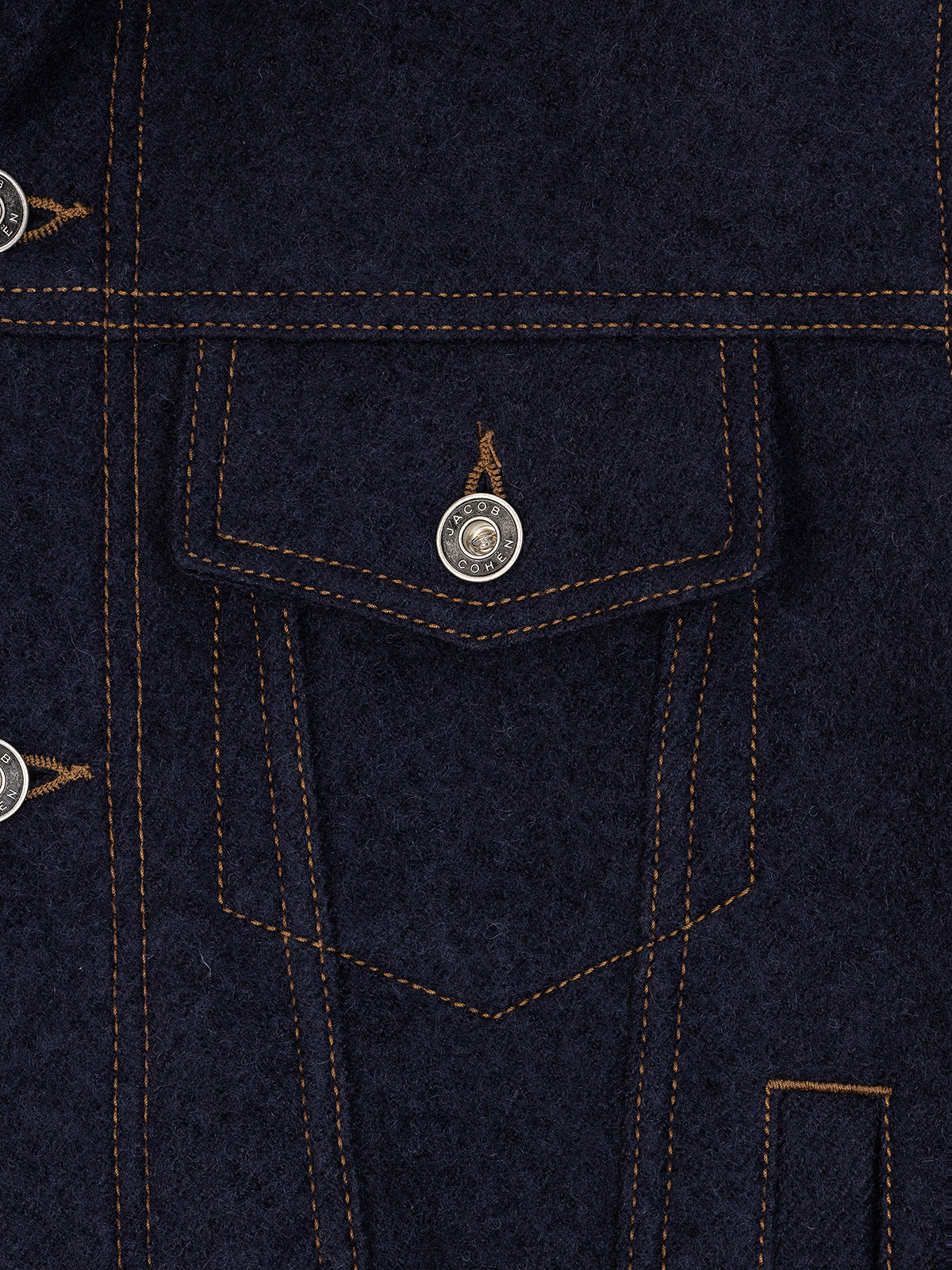 Close-up of a dark blue denim jacket with button details