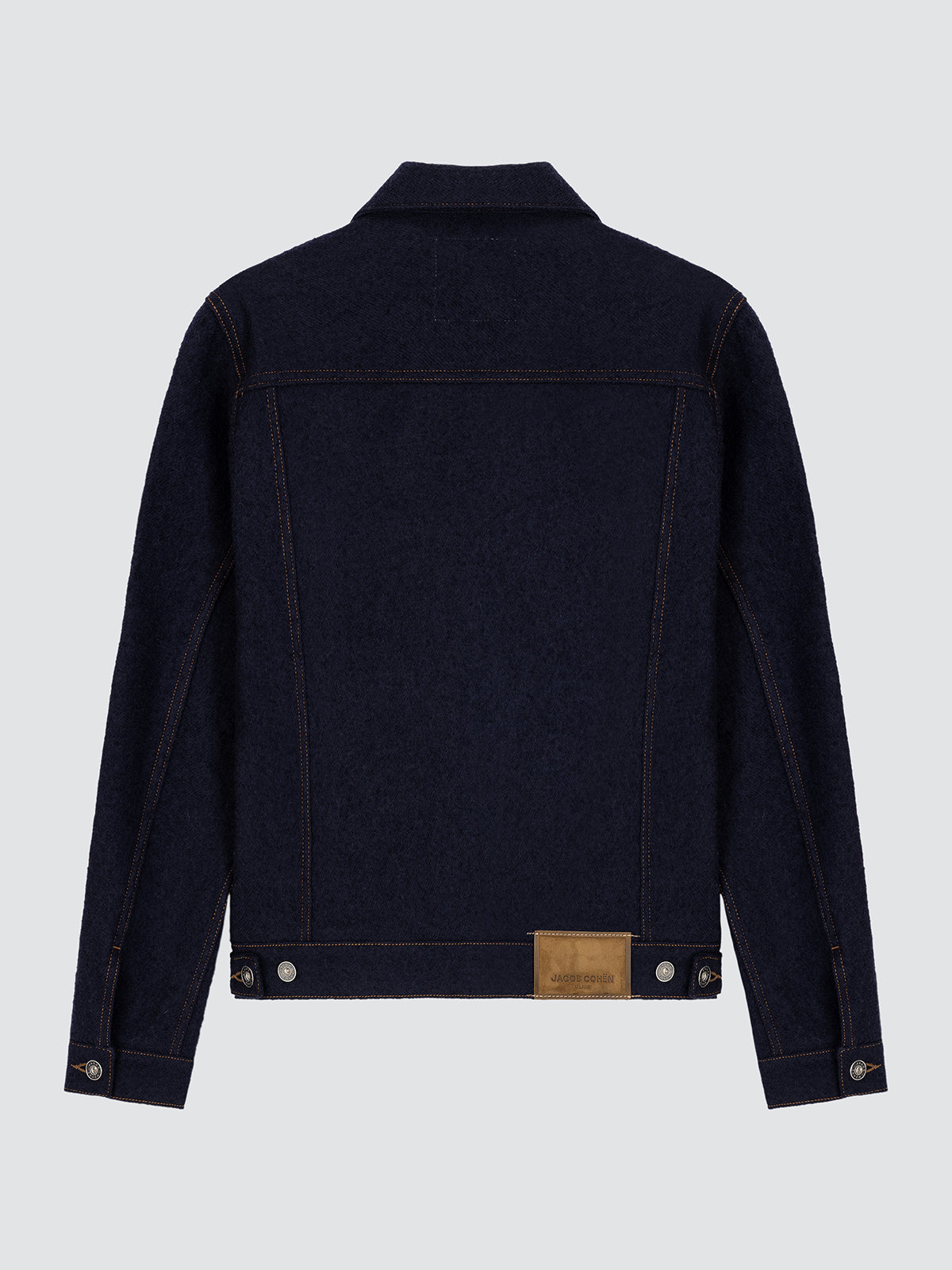 Dark blue wool jacket on a light gray background back view