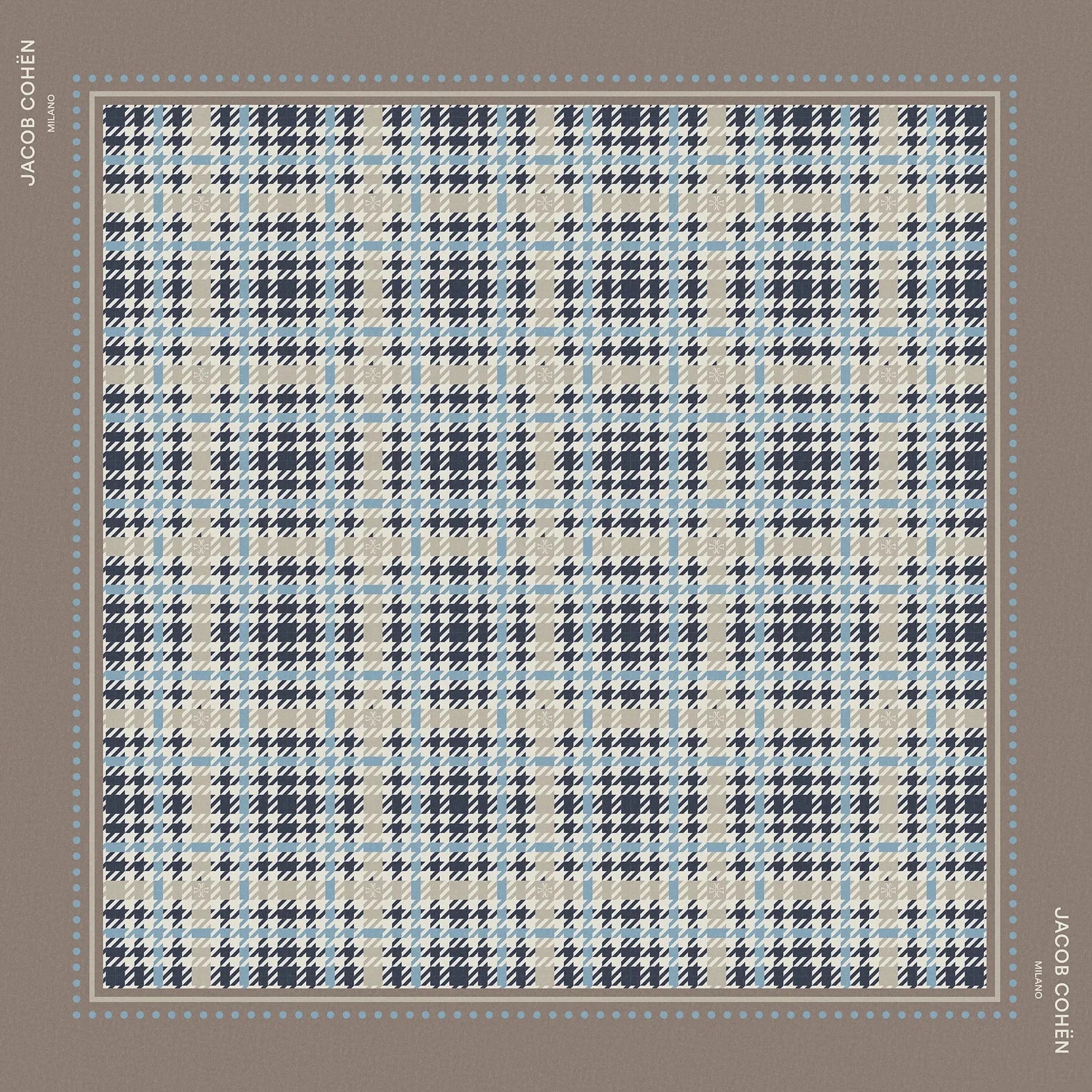 A square bandana with a blue, beige, and gray plaid pattern, presented on a taupe background with JacobCohen printed on the corners.