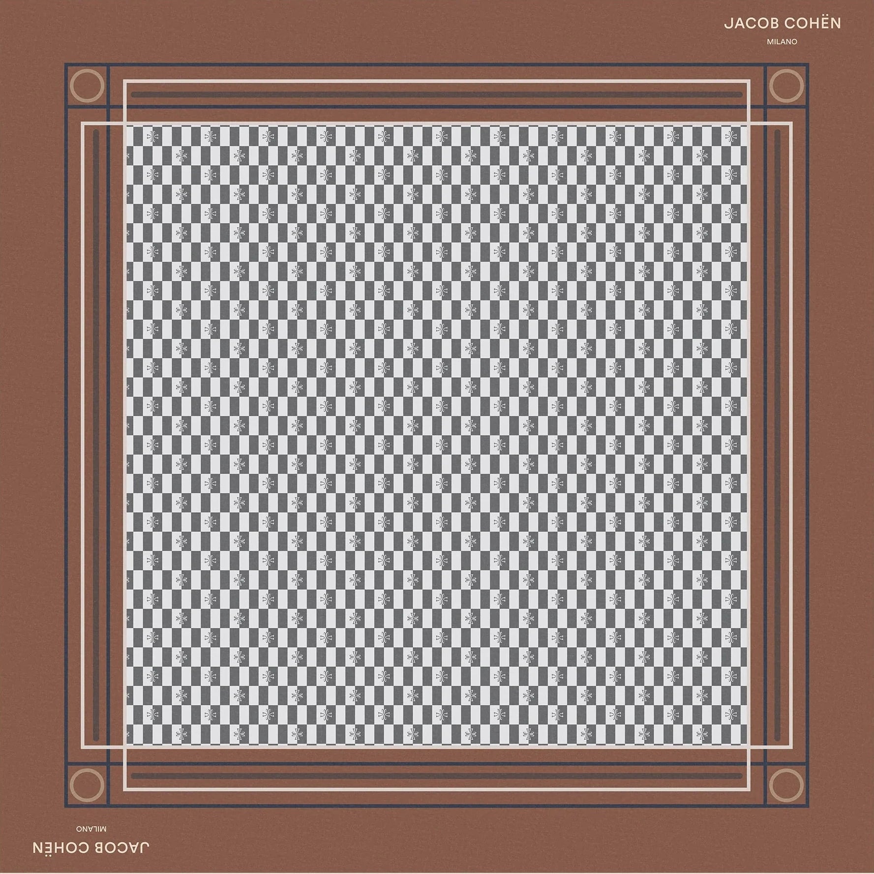 A square bandana by Jacob Cohen, featuring a brown border with a central gray and white checkerboard pattern, displayed flat against a light beige background.