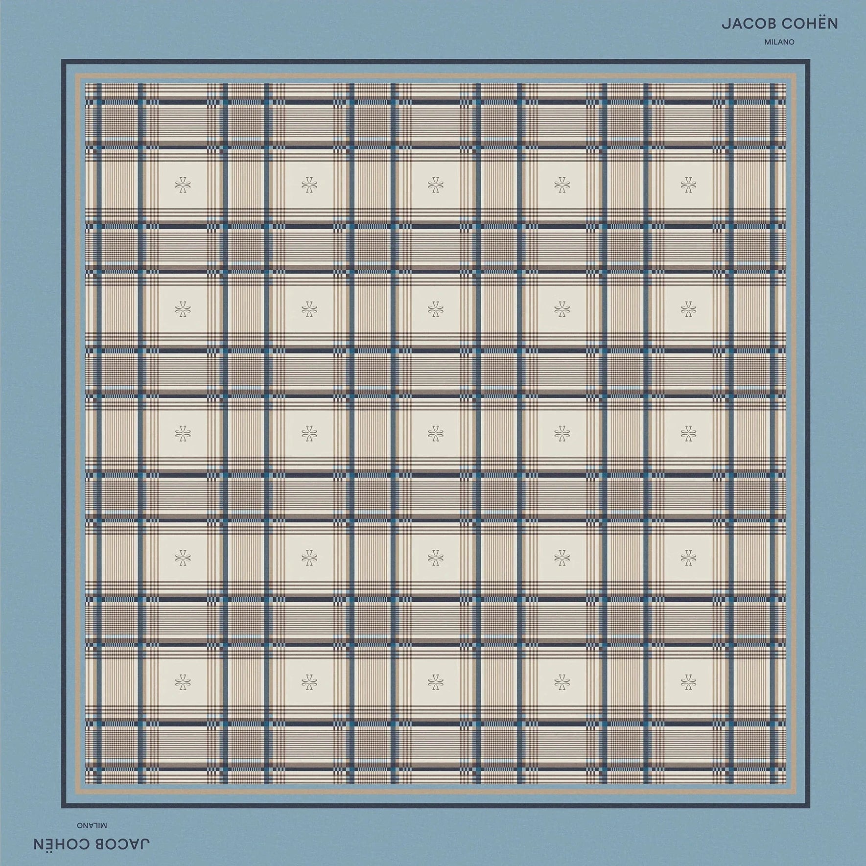 A square scarf featuring a plaid pattern in beige, blue, and gray, framed by a solid blue border. The brand names 'JACOB COHEN' are printed on the corners of the blue border.