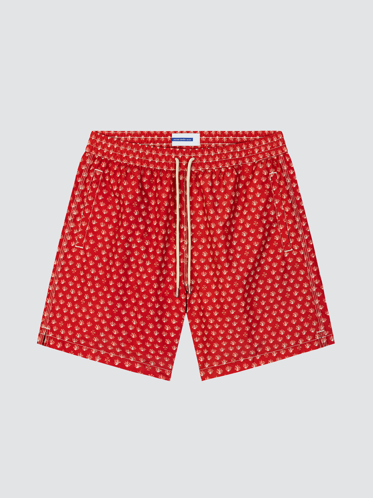 Red swimming short Jacob Cohën with coral print front view