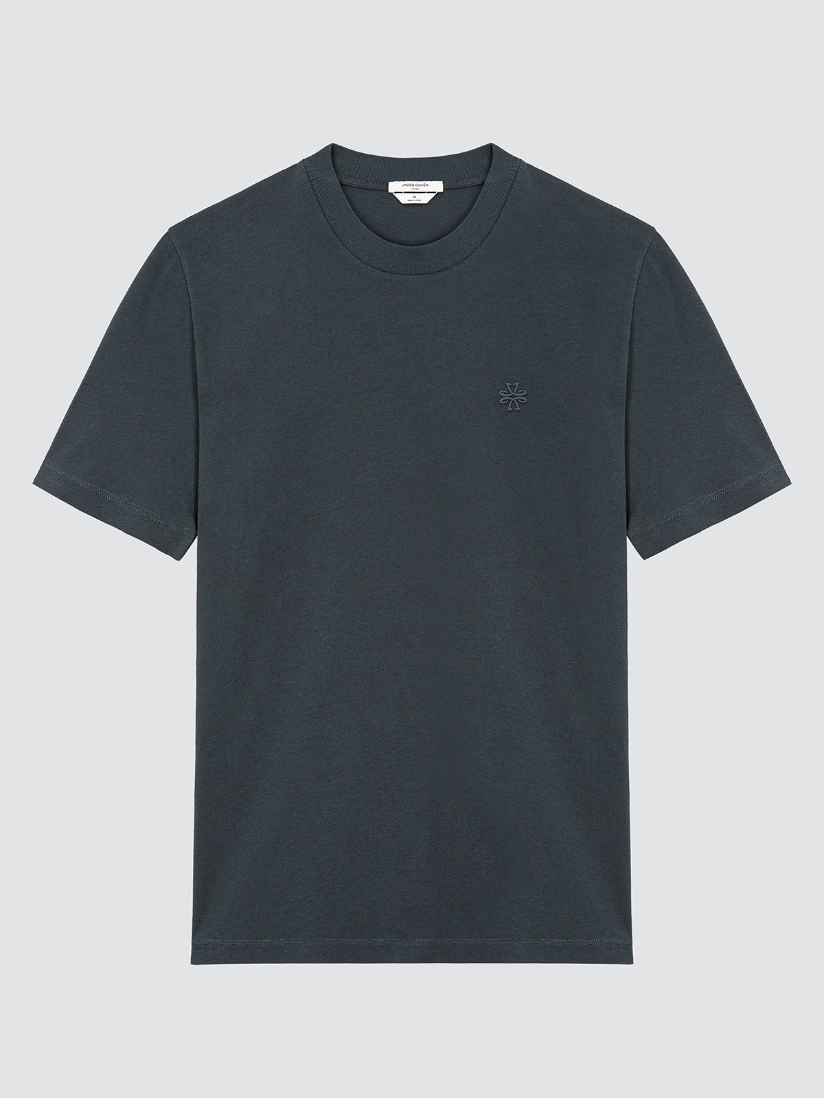 Dark gray t-shirt with a small logo on a light gray background