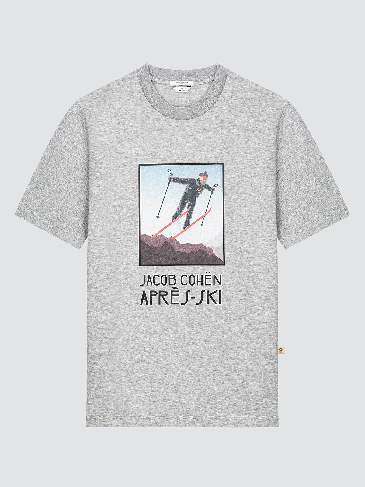 Gray t-shirt with a graphic of a skier and text on a light gray background BY Jacob Cohen