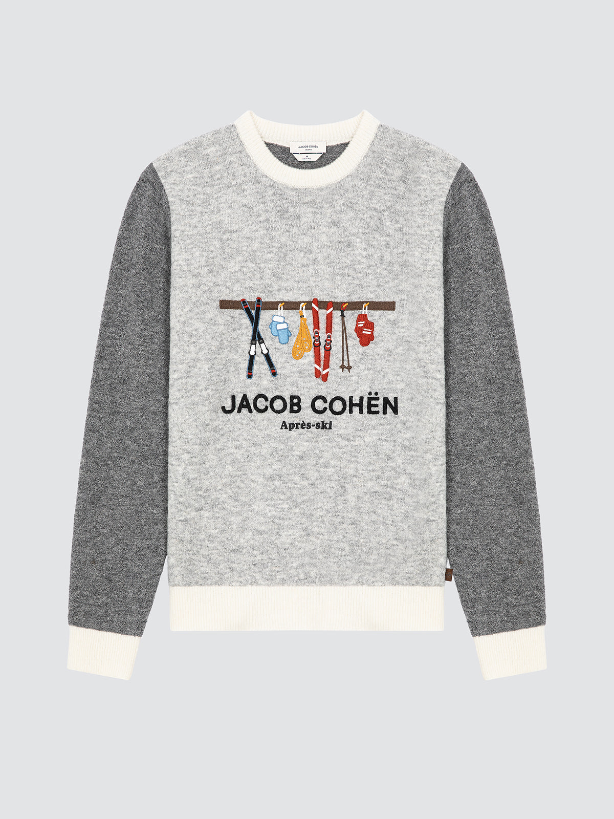 Gray sweatshirt with colorful SKI graphic and 'Jacob Cohen' branding on a light gray background