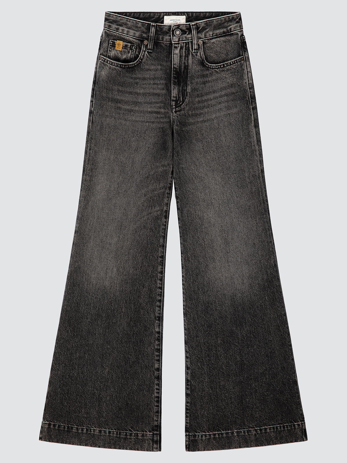 Black wide-leg jeans on a light gray background
