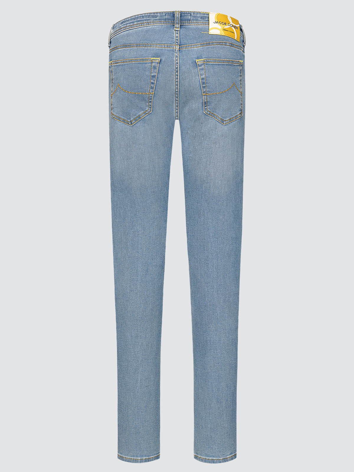 Light blue jeans with a brand logo on a white background