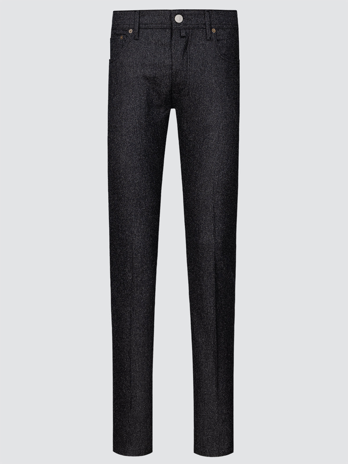 Anthracite grey wool 5 pocket pants on a light gray background