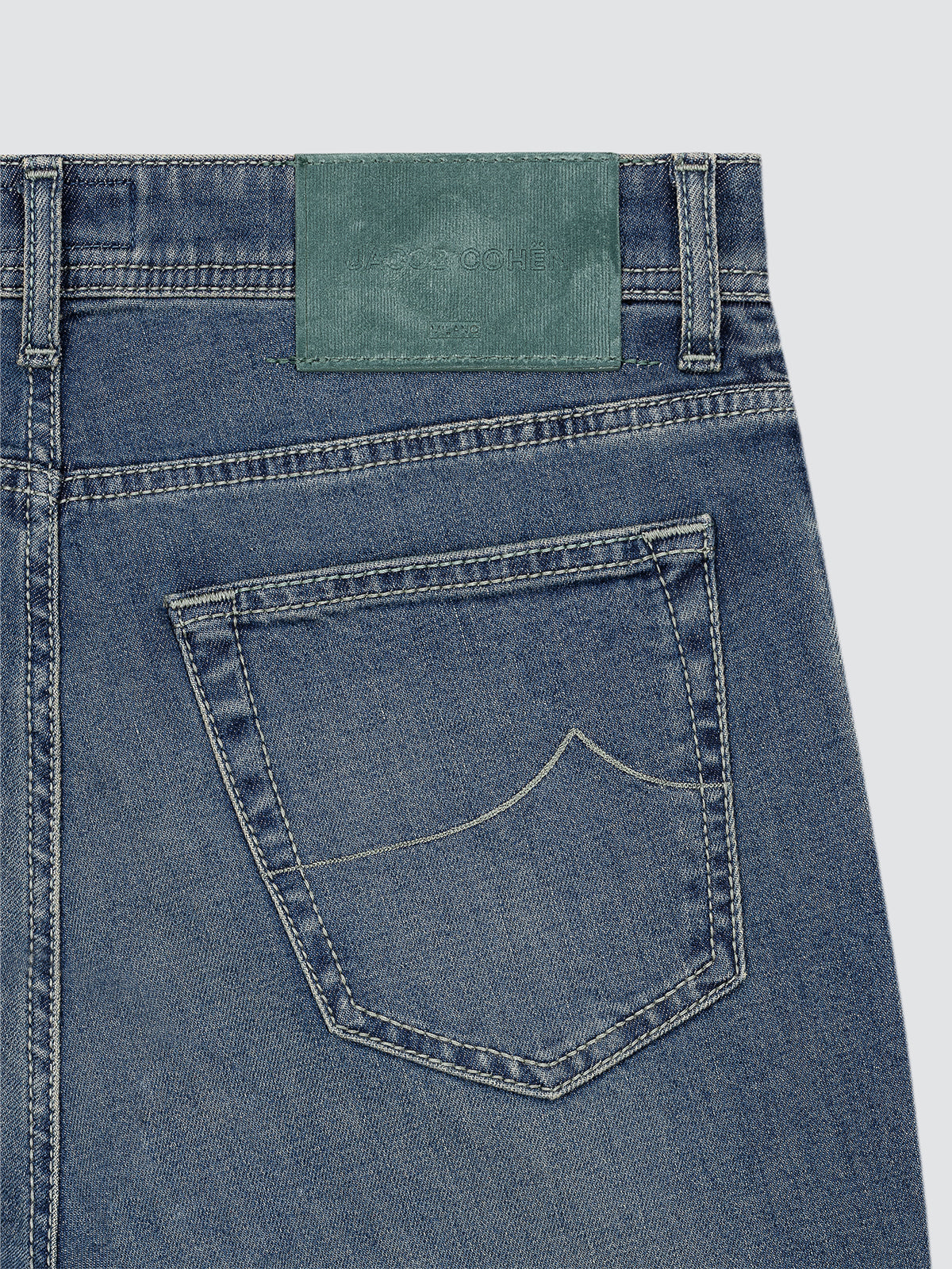 Jacob Cohen jeans blue denim washed with a greemn back patch back view